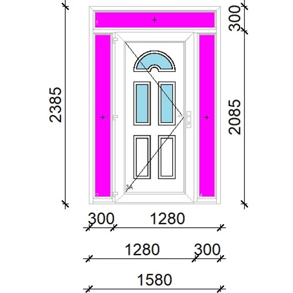 Műanyag bejárati ajtó 160x240 balos Miami 3 üveges 3 rétegű üveggel extra vastag hőszigetelt panellal felül+oldalvilágítóval 5 kamrás fehér