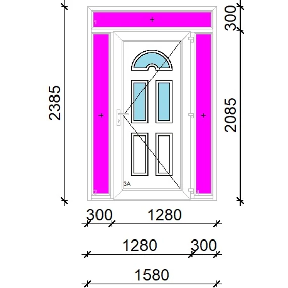 Műanyag bejárati ajtó 160x240 jobbos Miami 3 üveges 3 rétegű üveggel extra vastag hőszigetelt panellal felül+oldalvilágítóval 5 kamrás fehér