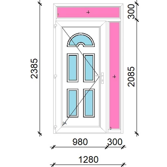 Műanyag bejárati ajtó 130x240 balos Miami 5 üveges felül+oldalvilágítóval 5 kamrás fehér