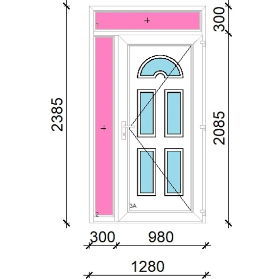 Műanyag bejárati ajtó 130x240 jobbos Miami 5 üveges felül+oldalvilágítóval 5 kamrás fehér