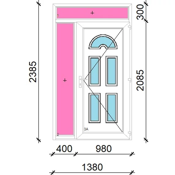 Műanyag bejárati ajtó 140x240 jobbos Miami 5 üveges felül+oldalvilágítóval 5 kamrás fehér