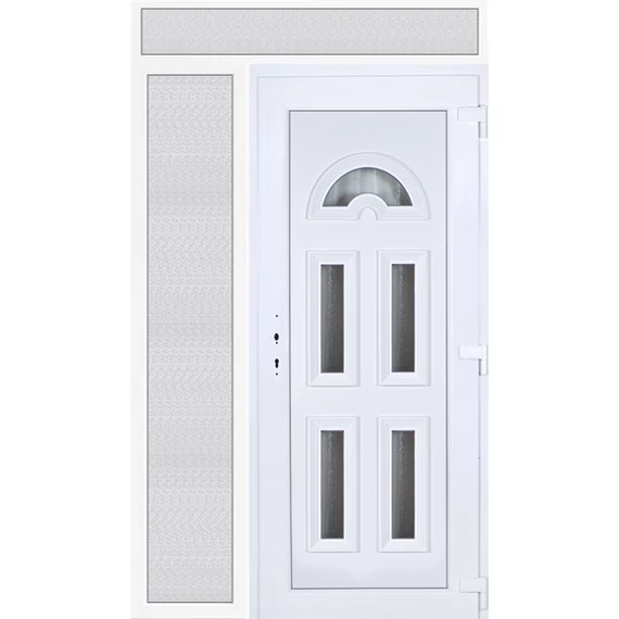 Műanyag bejárati ajtó 140x240 jobbos Miami 5 üveges felül+oldalvilágítóval 5 kamrás fehér
