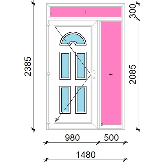 Műanyag bejárati ajtó 150x240 balos Miami 5 üveges felül+oldalvilágítóval 5 kamrás fehér