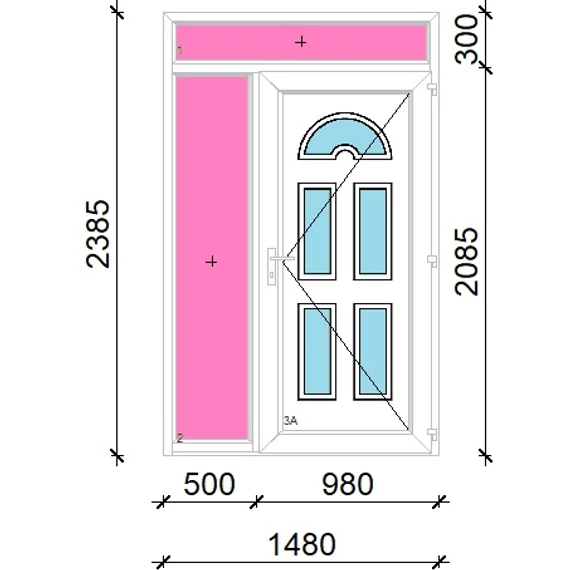 Műanyag bejárati ajtó 150x240 jobbos Miami 5 üveges felül+oldalvilágítóval 5 kamrás fehér