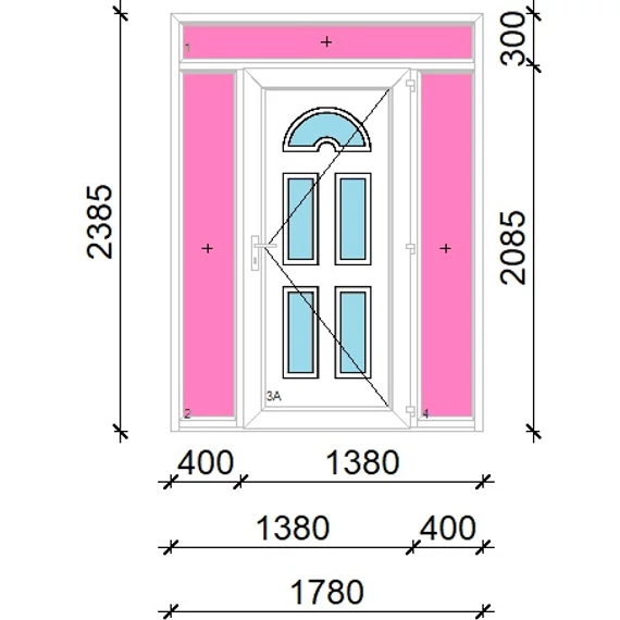 Műanyag bejárati ajtó 180x240 jobbos Miami 5 üveges felül+oldalvilágítóval 5 kamrás fehér