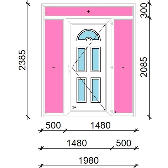 Műanyag bejárati ajtó 200x240 jobbos Miami 5 üveges felül+oldalvilágítóval 5 kamrás fehér