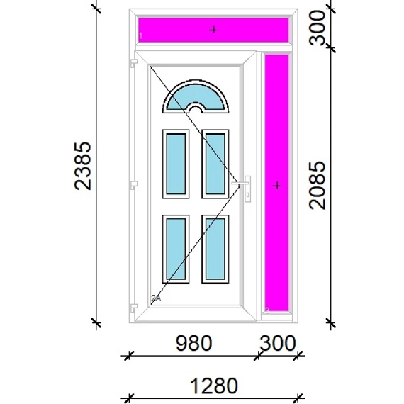 Műanyag bejárati ajtó 130x240 balos Miami 5 üveges 3 rétegű üveggel extra vastag hőszigetelt panellal felül+oldalvilágítóval 5 kamrás fehér