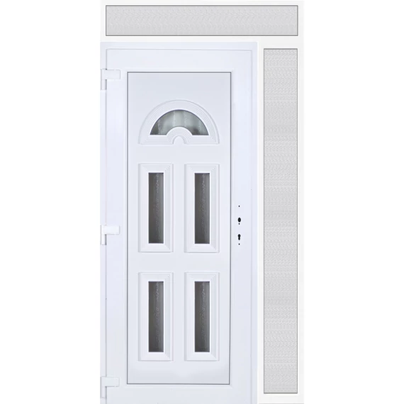 Műanyag bejárati ajtó 130x240 balos Miami 5 üveges 3 rétegű üveggel extra vastag hőszigetelt panellal felül+oldalvilágítóval 5 kamrás fehér