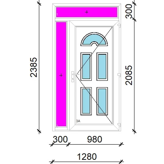 Műanyag bejárati ajtó 130x240 jobbos Miami 5 üveges 3 rétegű üveggel extra vastag hőszigetelt panellal felül+oldalvilágítóval 5 kamrás fehér
