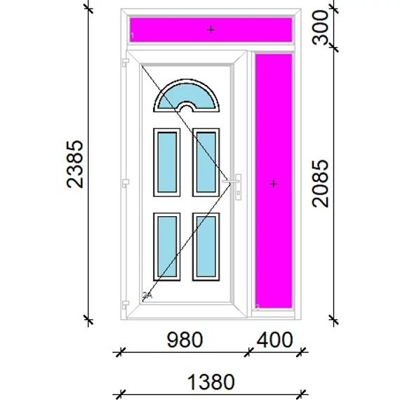 Műanyag bejárati ajtó 140x240 balos Miami 5 üveges 3 rétegű üveggel extra vastag hőszigetelt panellal felül+oldalvilágítóval 5 kamrás fehér