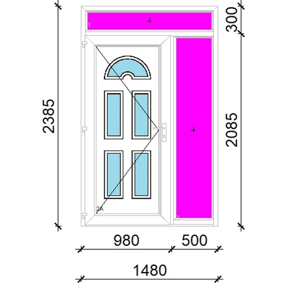Műanyag bejárati ajtó 150x240 balos Miami 5 üveges 3 rétegű üveggel extra vastag hőszigetelt panellal felül+oldalvilágítóval 5 kamrás fehér
