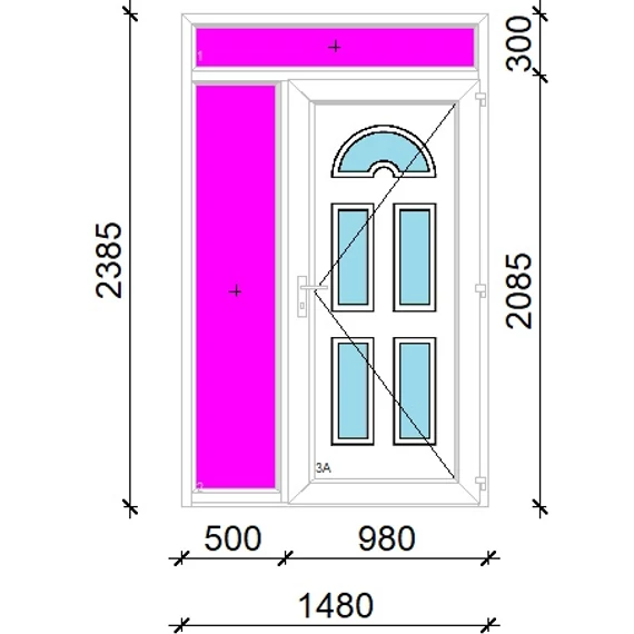 Műanyag bejárati ajtó 150x240 jobbos Miami 5 üveges 3 rétegű üveggel extra vastag hőszigetelt panellal felül+oldalvilágítóval 5 kamrás fehér