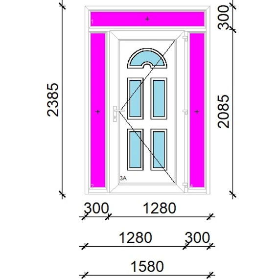 Műanyag bejárati ajtó 160x240 balos Miami 5 üveges 3 rétegű üveggel extra vastag hőszigetelt panellal felül+oldalvilágítóval 5 kamrás fehér