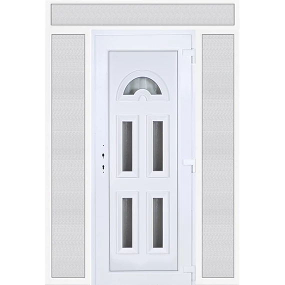 Műanyag bejárati ajtó 180x240 jobbos Miami 5 üveges 3 rétegű üveggel extra vastag hőszigetelt panellal felül+oldalvilágítóval 5 kamrás fehér