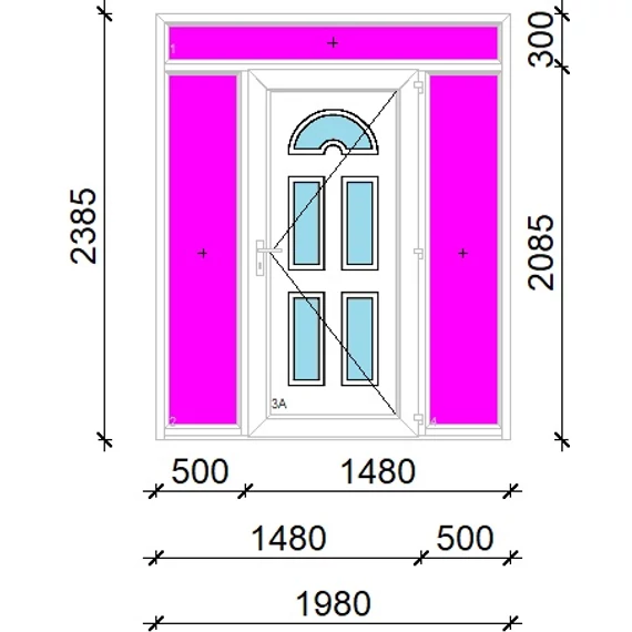 Műanyag bejárati ajtó 200x240 jobbos Miami 5 üveges 3 rétegű üveggel extra vastag hőszigetelt panellal felül+oldalvilágítóval 5 kamrás fehér