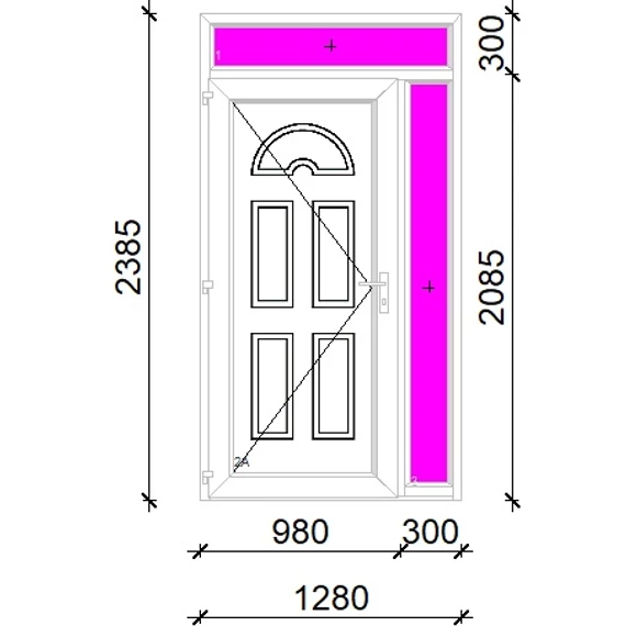 Műanyag bejárati ajtó 130x240 balos Miami tömör extra vastag hőszigetelt panellal felül+oldalvilágítóval 5 kamrás fehér