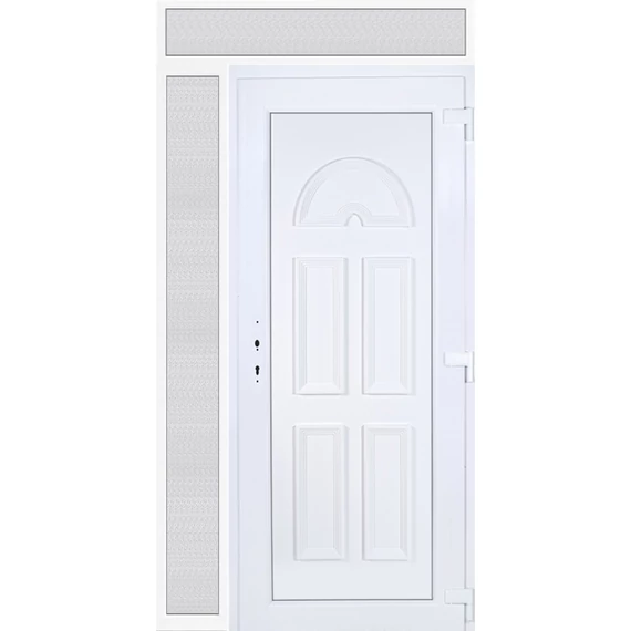 Műanyag bejárati ajtó 130x240 jobbos Miami tömör extra vastag hőszigetelt panellal felül+oldalvilágítóval 5 kamrás fehér