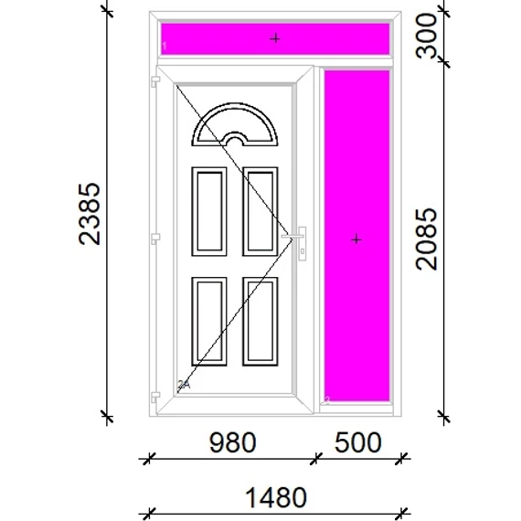 Műanyag bejárati ajtó 150x240 balos Miami tömör extra vastag hőszigetelt panellal felül+oldalvilágítóval 5 kamrás fehér