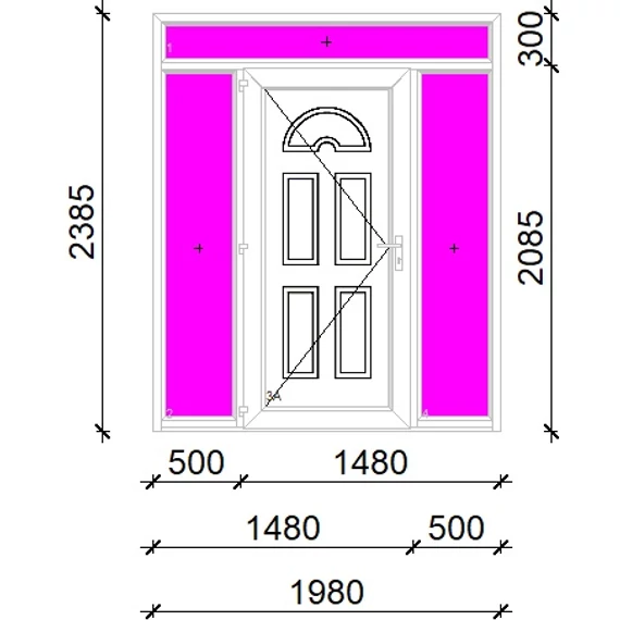 Műanyag bejárati ajtó 200x240 balos Miami tömör extra vastag hőszigetelt panellal felül+oldalvilágítóval 5 kamrás fehér