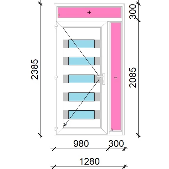 Műanyag bejárati ajtó 130x240 balos Sarasota 5 üveges Aluminium rátétes felül+oldalvilágítóval 5 kamrás fehér