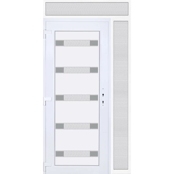 Műanyag bejárati ajtó 130x240 balos Sarasota 5 üveges Aluminium rátétes felül+oldalvilágítóval 5 kamrás fehér