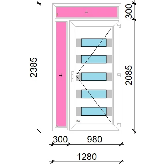 Műanyag bejárati ajtó 130x240 jobbos Sarasota 5 üveges Aluminium rátétes felül+oldalvilágítóval 5 kamrás fehér