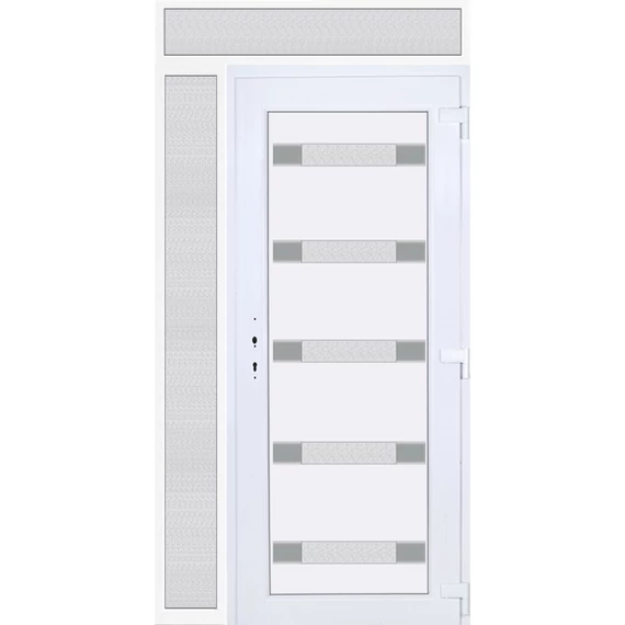 Műanyag bejárati ajtó 130x240 jobbos Sarasota 5 üveges Aluminium rátétes felül+oldalvilágítóval 5 kamrás fehér
