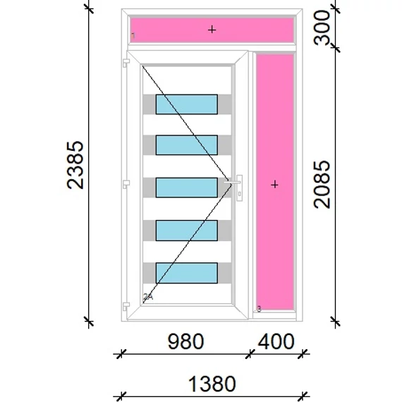 Műanyag bejárati ajtó 140x240 balos Sarasota 5 üveges Aluminium rátétes felül+oldalvilágítóval 5 kamrás fehér