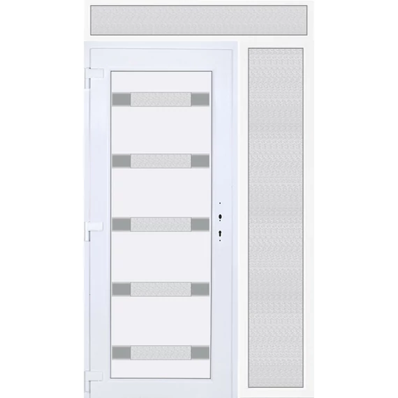 Műanyag bejárati ajtó 140x240 balos Sarasota 5 üveges Aluminium rátétes felül+oldalvilágítóval 5 kamrás fehér