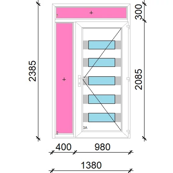 Műanyag bejárati ajtó 140x240 jobbos Sarasota 5 üveges Aluminium rátétes felül+oldalvilágítóval 5 kamrás fehér