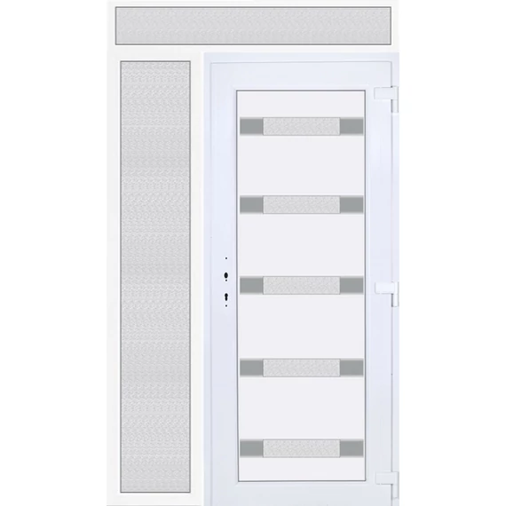 Műanyag bejárati ajtó 140x240 jobbos Sarasota 5 üveges Aluminium rátétes felül+oldalvilágítóval 5 kamrás fehér