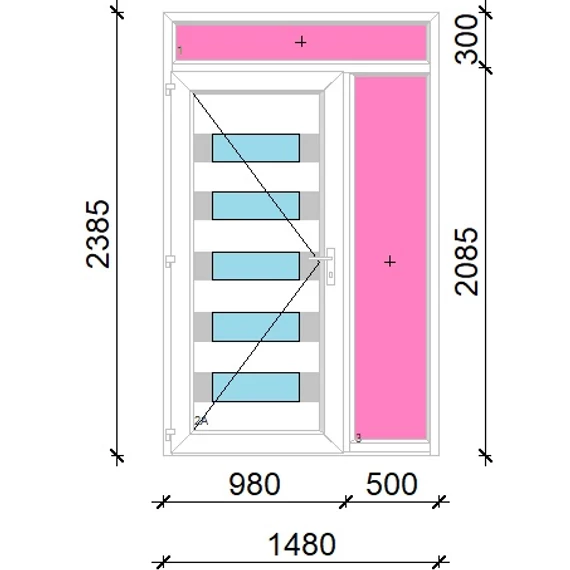 Műanyag bejárati ajtó 150x240 balos Sarasota 5 üveges Aluminium rátétes felül+oldalvilágítóval 5 kamrás fehér