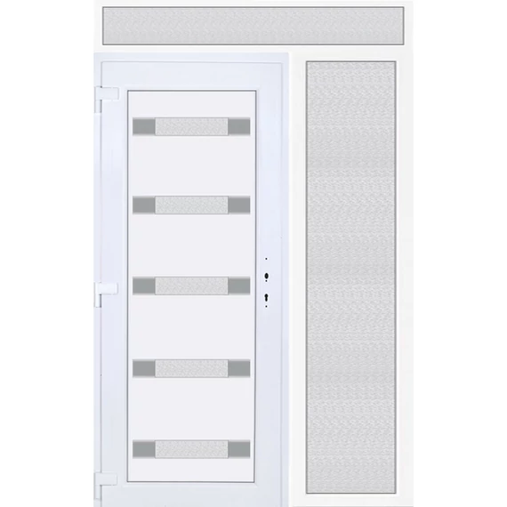 Műanyag bejárati ajtó 150x240 balos Sarasota 5 üveges Aluminium rátétes felül+oldalvilágítóval 5 kamrás fehér