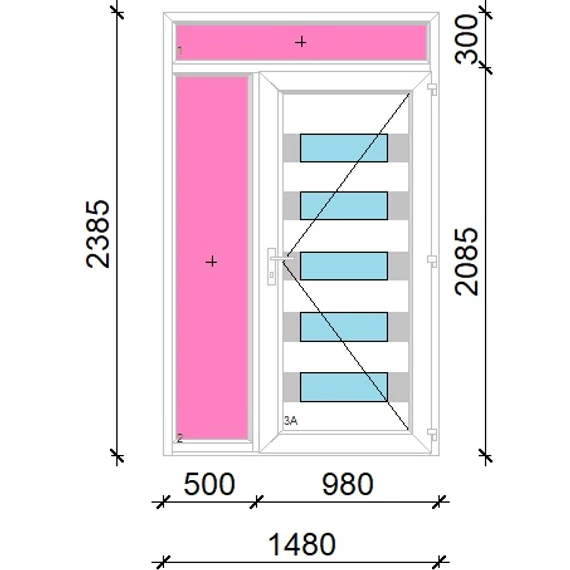 Műanyag bejárati ajtó 150x240 jobbos Sarasota 5 üveges Aluminium rátétes felül+oldalvilágítóval 5 kamrás fehér