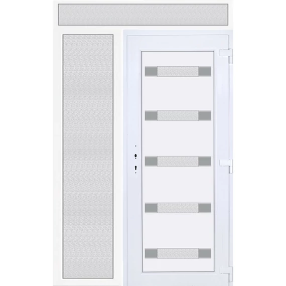 Műanyag bejárati ajtó 150x240 jobbos Sarasota 5 üveges Aluminium rátétes felül+oldalvilágítóval 5 kamrás fehér