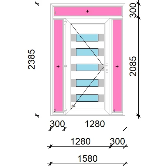 Műanyag bejárati ajtó 160x240 balos Sarasota 5 üveges Aluminium rátétes felül+oldalvilágítóval 5 kamrás fehér