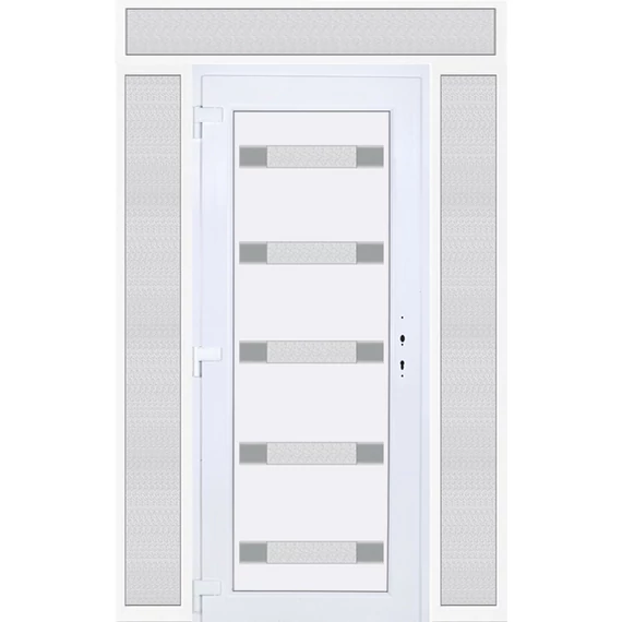 Műanyag bejárati ajtó 160x240 balos Sarasota 5 üveges Aluminium rátétes felül+oldalvilágítóval 5 kamrás fehér