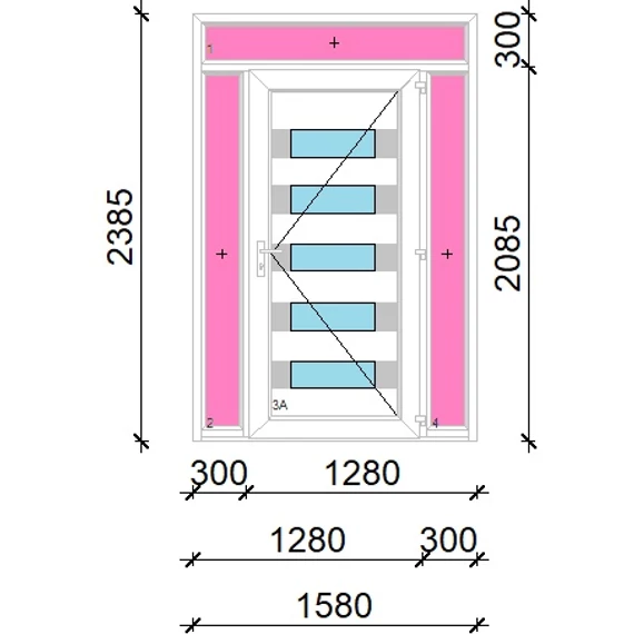 Műanyag bejárati ajtó 160x240 jobbos Sarasota 5 üveges Aluminium rátétes felül+oldalvilágítóval 5 kamrás fehér
