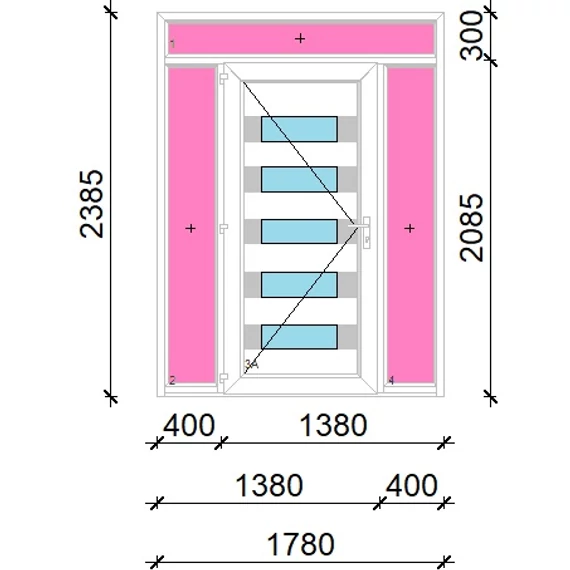 Műanyag bejárati ajtó 180x240 balos Sarasota 5 üveges Aluminium rátétes felül+oldalvilágítóval 5 kamrás fehér