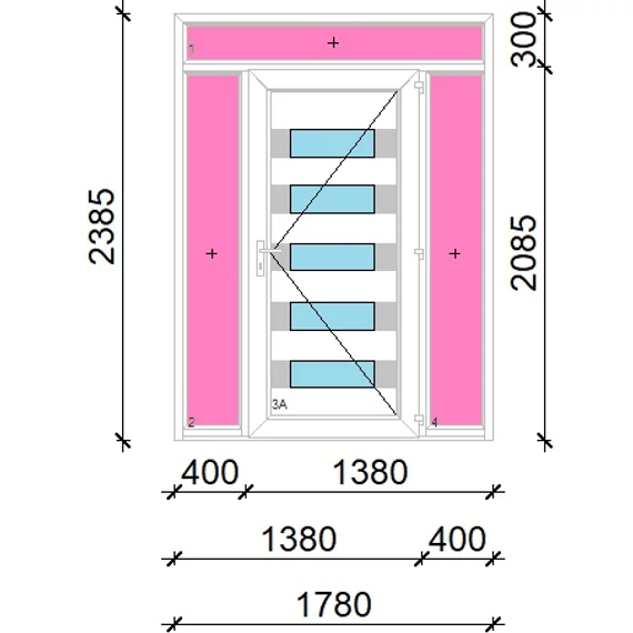 Műanyag bejárati ajtó 180x240 jobbos Sarasota 5 üveges Aluminium rátétes felül+oldalvilágítóval 5 kamrás fehér