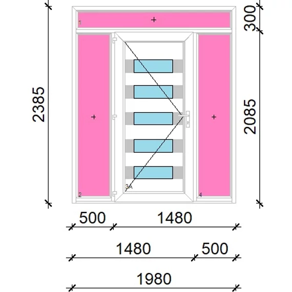 Műanyag bejárati ajtó 200x240 balos Sarasota 5 üveges Aluminium rátétes felül+oldalvilágítóval 5 kamrás fehér
