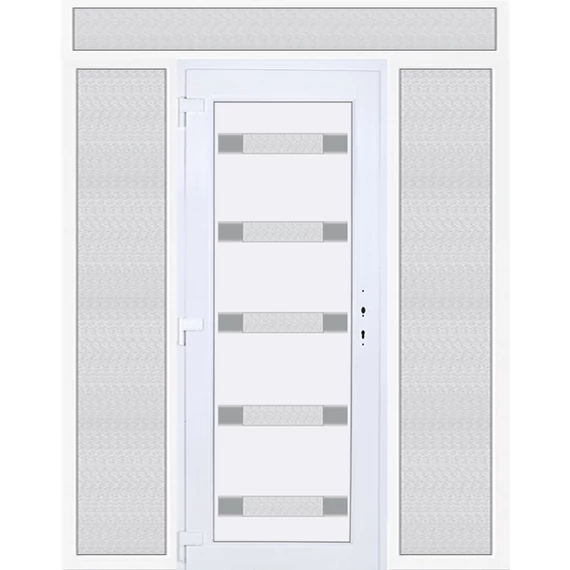 Műanyag bejárati ajtó 200x240 balos Sarasota 5 üveges Aluminium rátétes felül+oldalvilágítóval 5 kamrás fehér