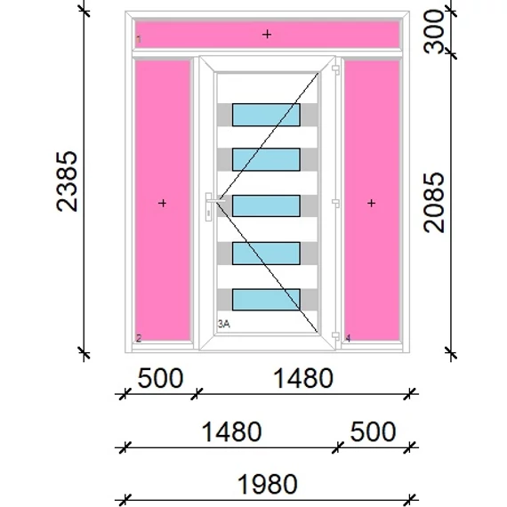 Műanyag bejárati ajtó 200x240 jobbos Sarasota 5 üveges Aluminium rátétes felül+oldalvilágítóval 5 kamrás fehér