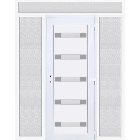 Műanyag bejárati ajtó 200x240 jobbos Sarasota 5 üveges Aluminium rátétes felül+oldalvilágítóval 5 kamrás fehér