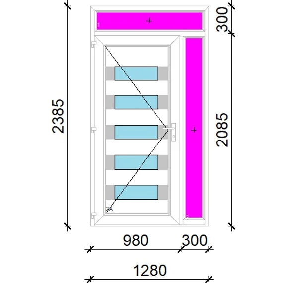 Műanyag bejárati ajtó 130x240 balos Sarasota 5 üveges 3 rétegű üveggel extra vastag hőszigetelt panellal felül+oldalvilágítóval 5 kamrás fehér
