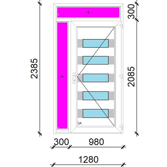 Műanyag bejárati ajtó 130x240 jobbos Sarasota 5 üveges 3 rétegű üveggel extra vastag hőszigetelt panellal felül+oldalvilágítóval 5 kamrás fehér