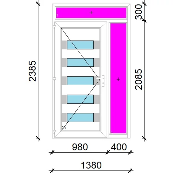 Műanyag bejárati ajtó 140x240 balos Sarasota 5 üveges 3 rétegű üveggel extra vastag hőszigetelt panellal felül+oldalvilágítóval 5 kamrás fehér