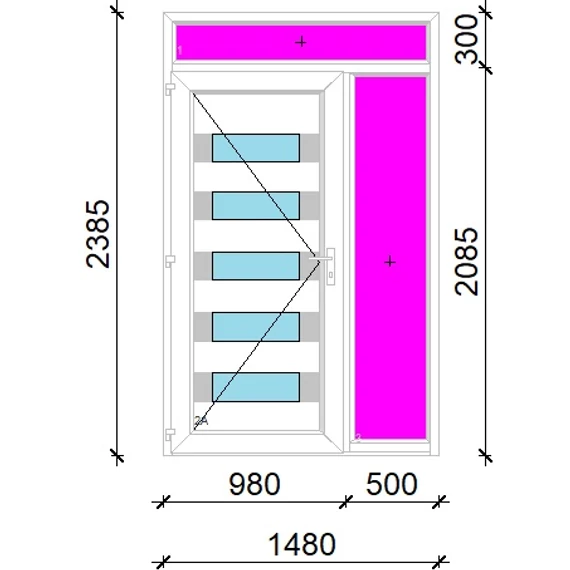 Műanyag bejárati ajtó 150x240 balos Sarasota 5 üveges 3 rétegű üveggel extra vastag hőszigetelt panellal felül+oldalvilágítóval 5 kamrás fehér