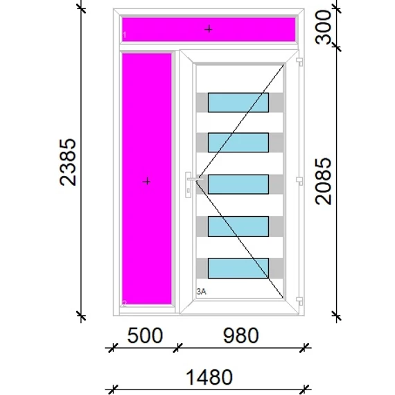 Műanyag bejárati ajtó 150x240 jobbos Sarasota 5 üveges 3 rétegű üveggel extra vastag hőszigetelt panellal felül+oldalvilágítóval 5 kamrás fehér
