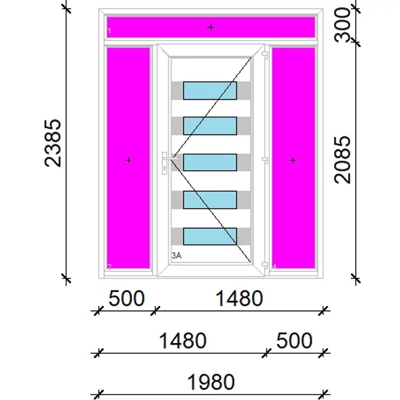 Műanyag bejárati ajtó 200x240 jobbos Sarasota 5 üveges 3 rétegű üveggel extra vastag hőszigetelt panellal felül+oldalvilágítóval 5 kamrás fehér